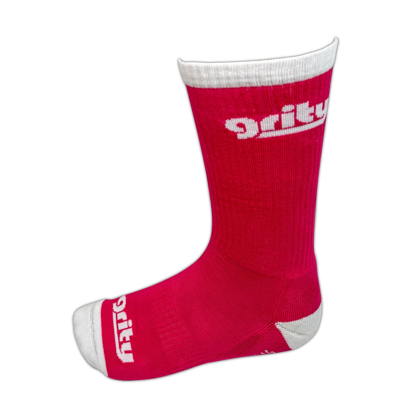 Pink sock with white toes heel and cuff. White grity logo on the top of toes and side of calf