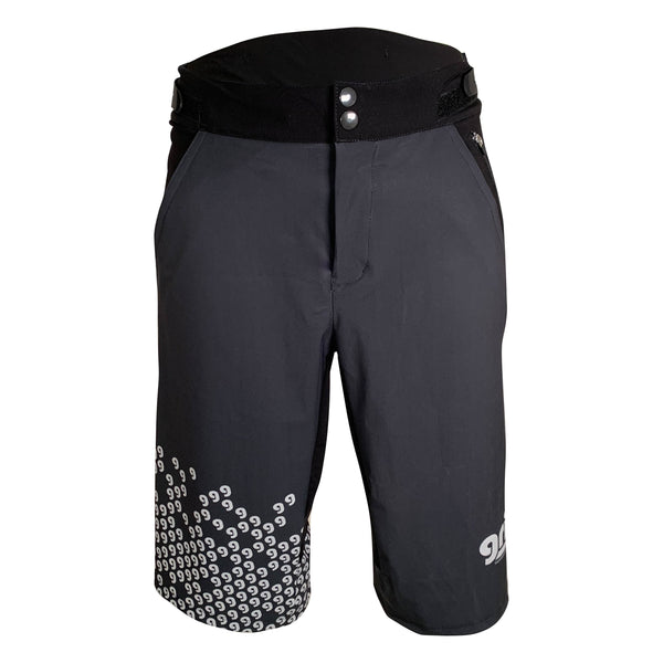 Mountain bike baggy shorts, charcoal grey with a ggg pattern on the right cuff