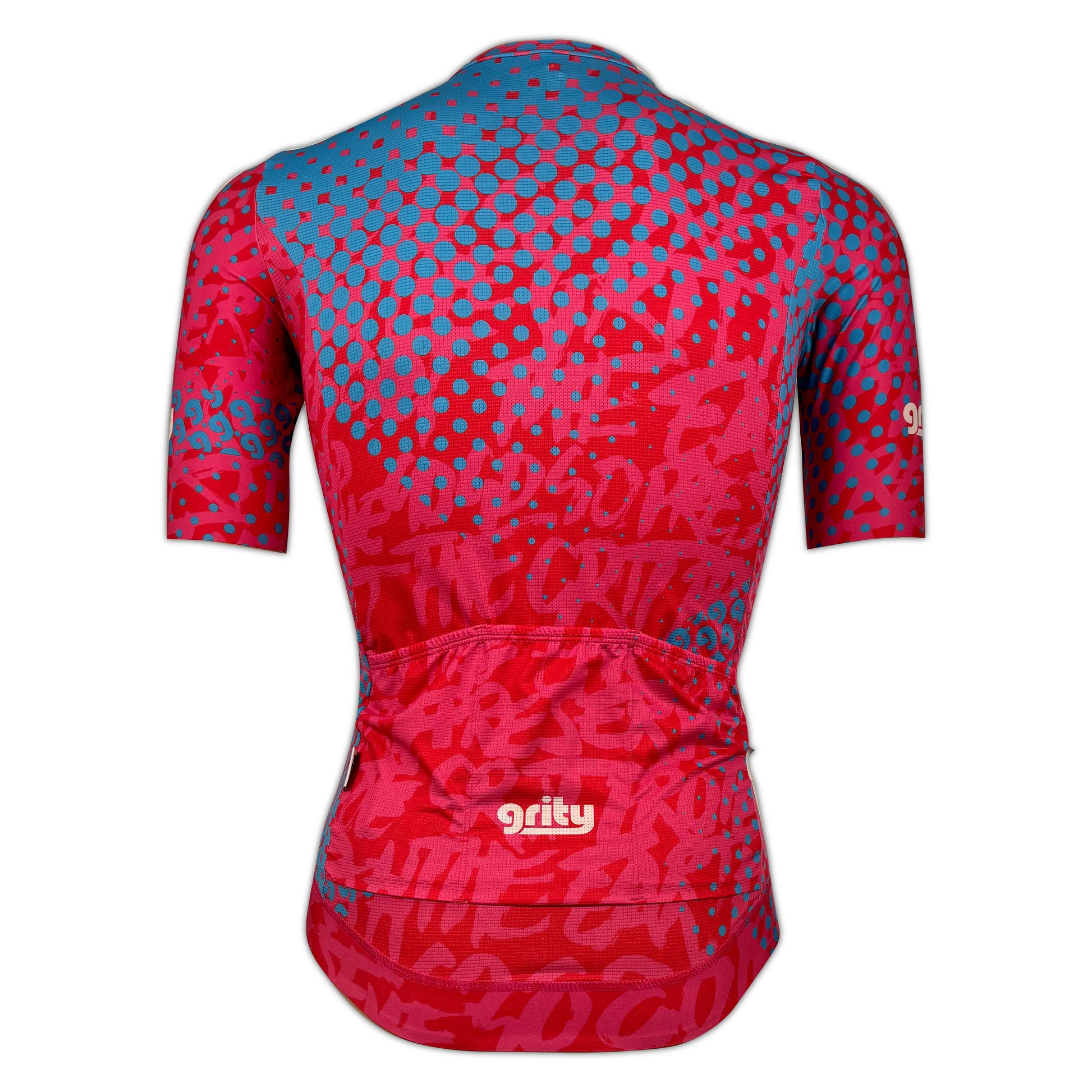 Pink short sleeve with blue half tone spots extending from the left shoulder, jersey rear view