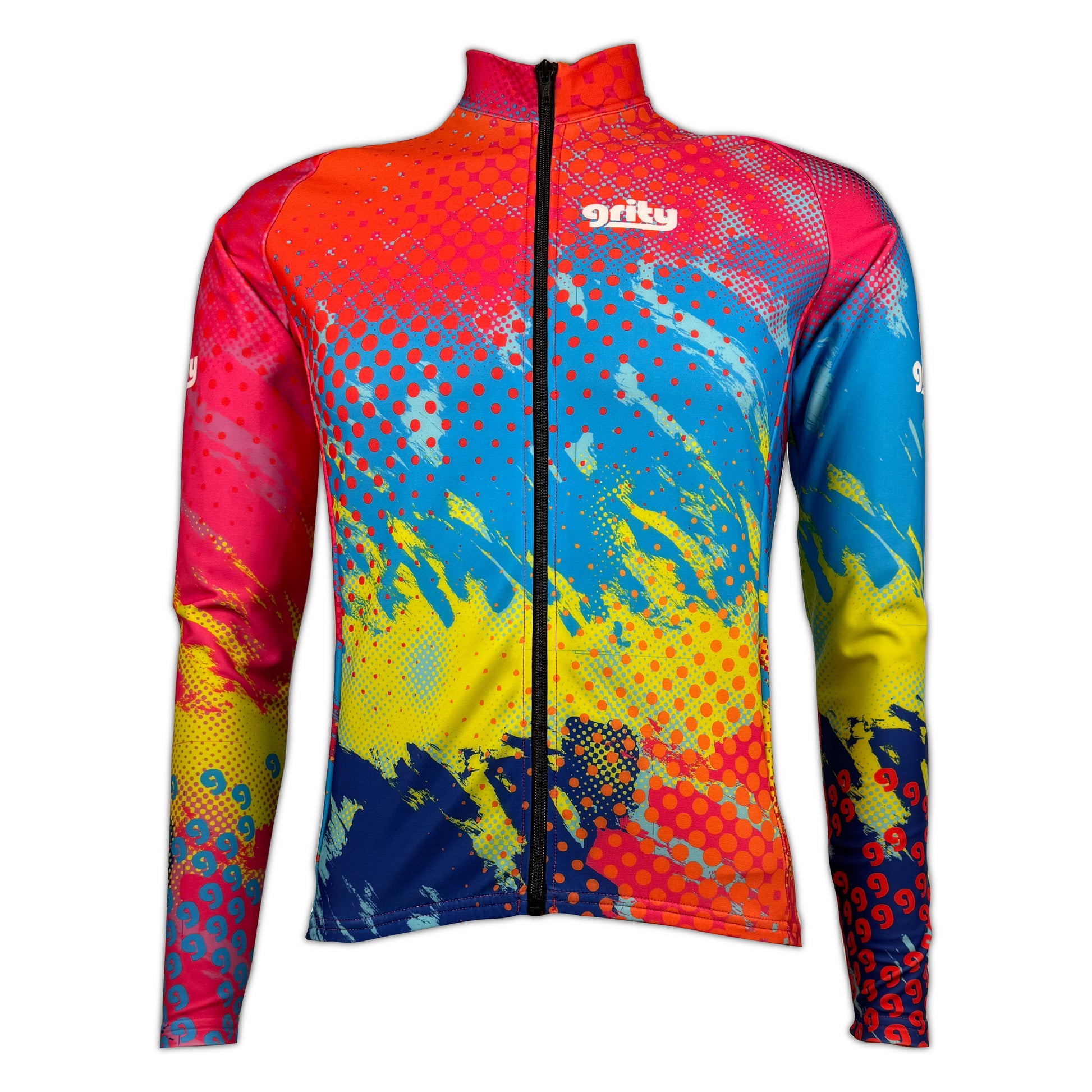 Multi-coloured  pink, blue, yellow splash design long sleeve cycling jersey