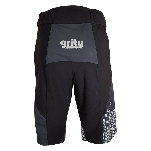Rear view Mountain bike baggy shorts, charcoal grey with a ggg pattern on the right cuff