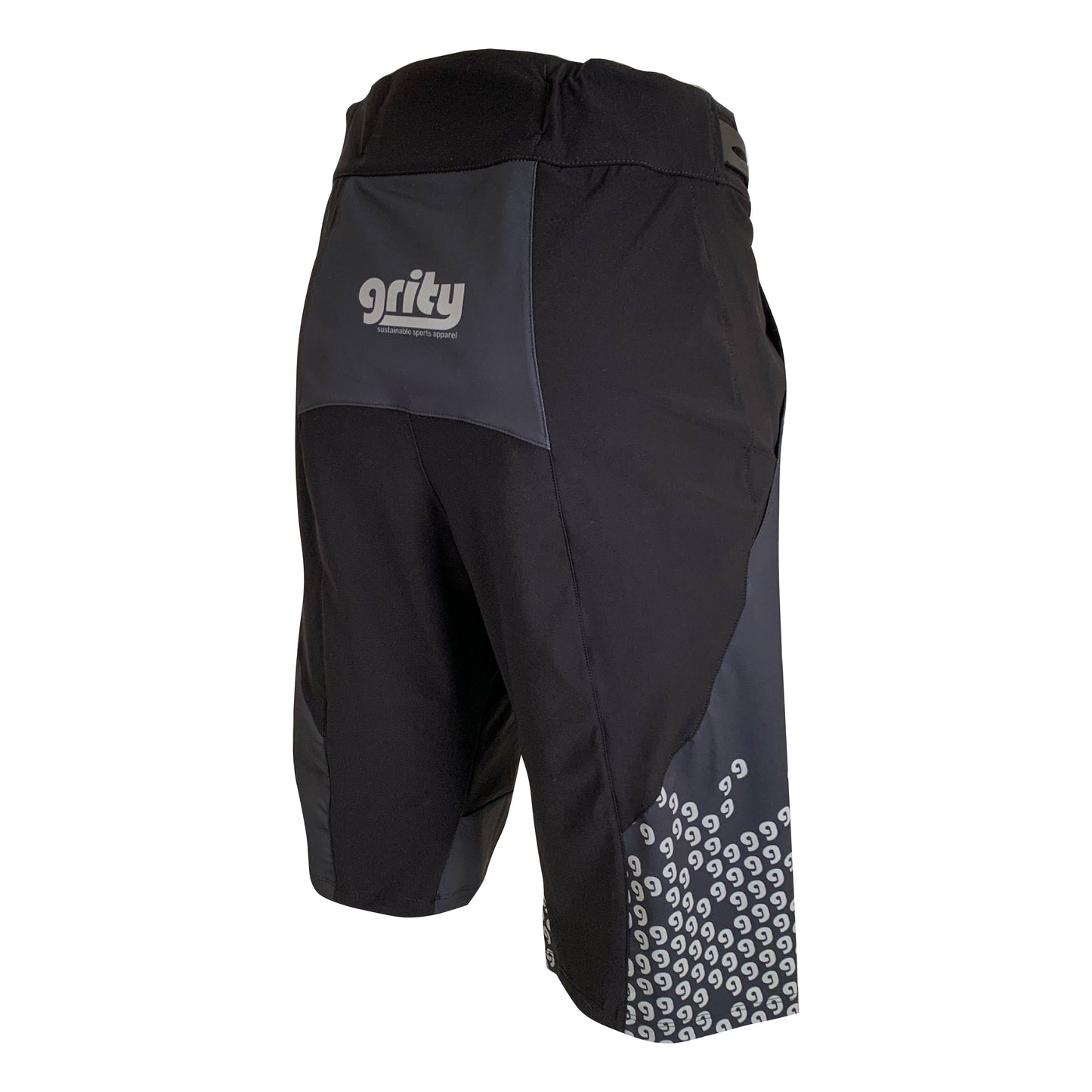 Rear view Mountain bike baggy shorts, charcoal grey with a ggg pattern on the right cuff